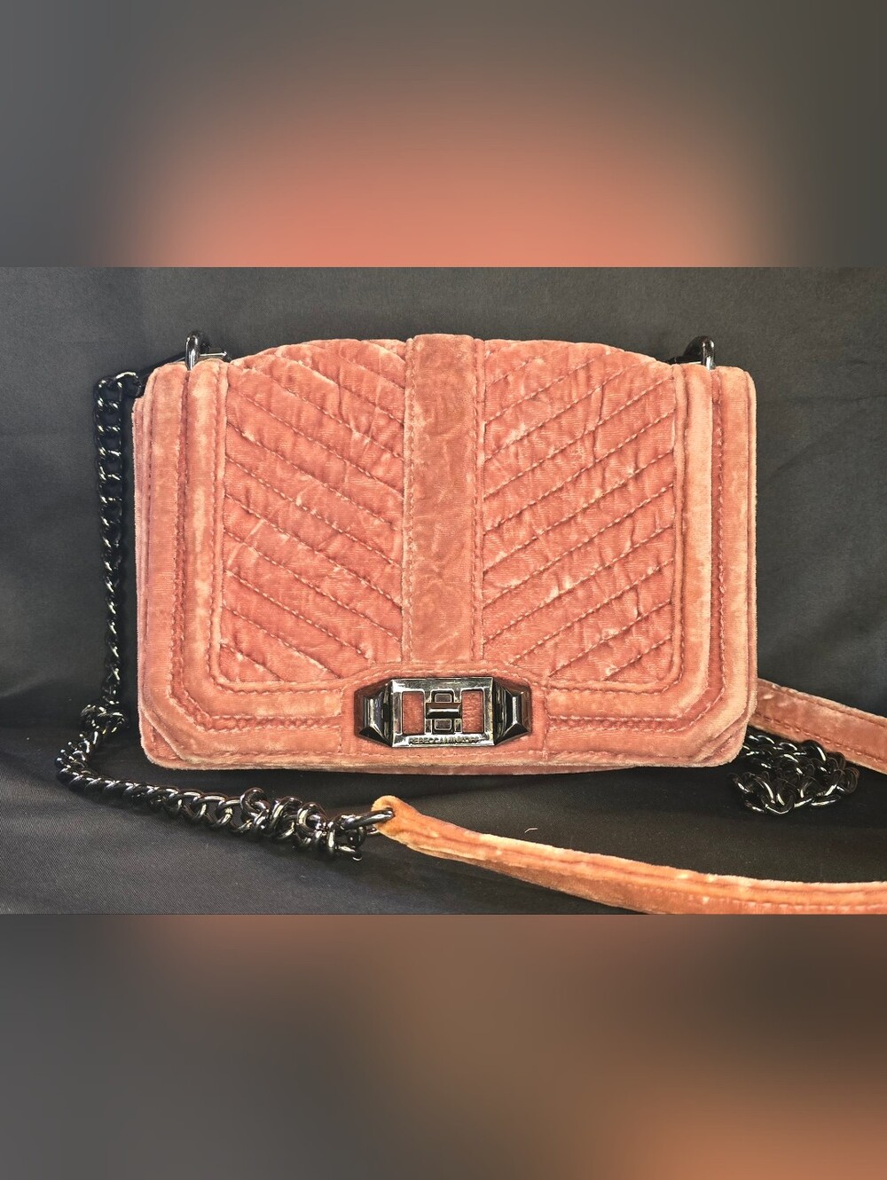 Rebecca Minkoff Dusty Rose Velvet Chevron Small Love Crossbody Bag Gunmetal